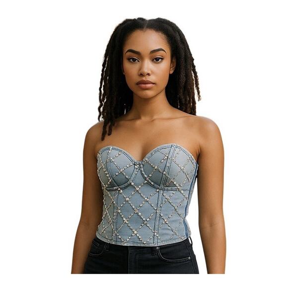 Y2k Western Rhinestone Lace Up Denim Corset Rock Womens M/L Rodeo Cowgirl Party - Picture 1 of 9